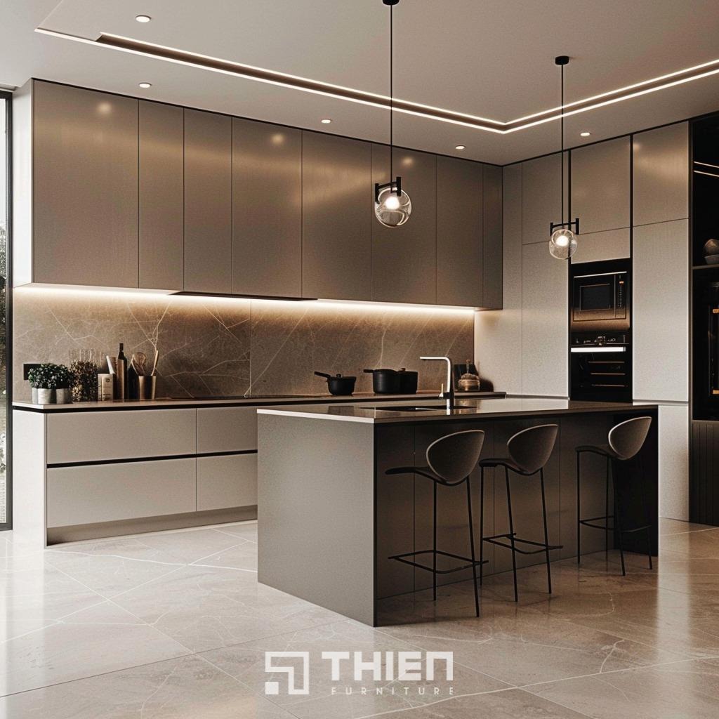 Tủ bếp có bàn đảo kết hợp quầy bar phù hợp với không gian căn hộ diện tích vừa