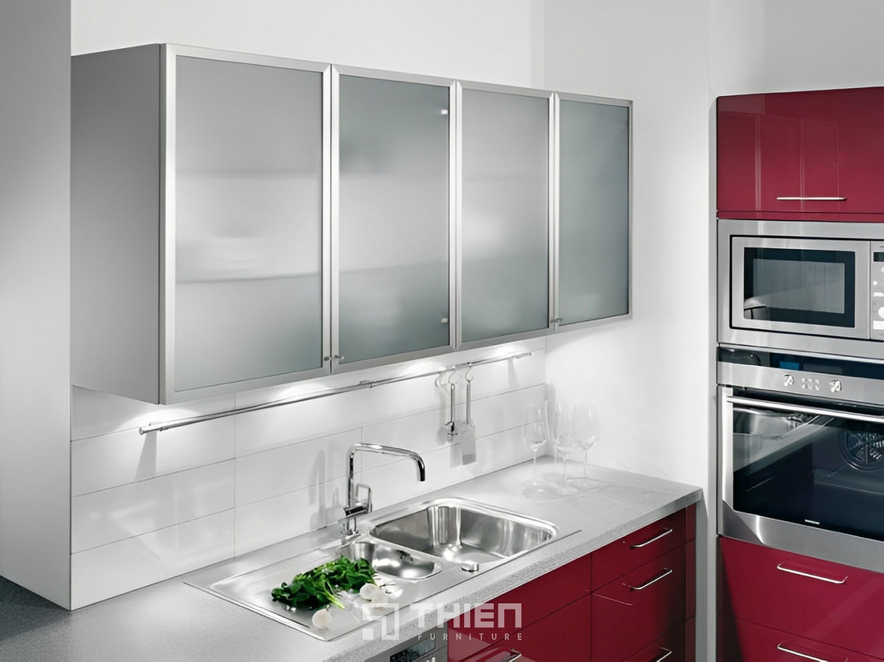 tủ bếp inox cánh kính hiện đại tối giản