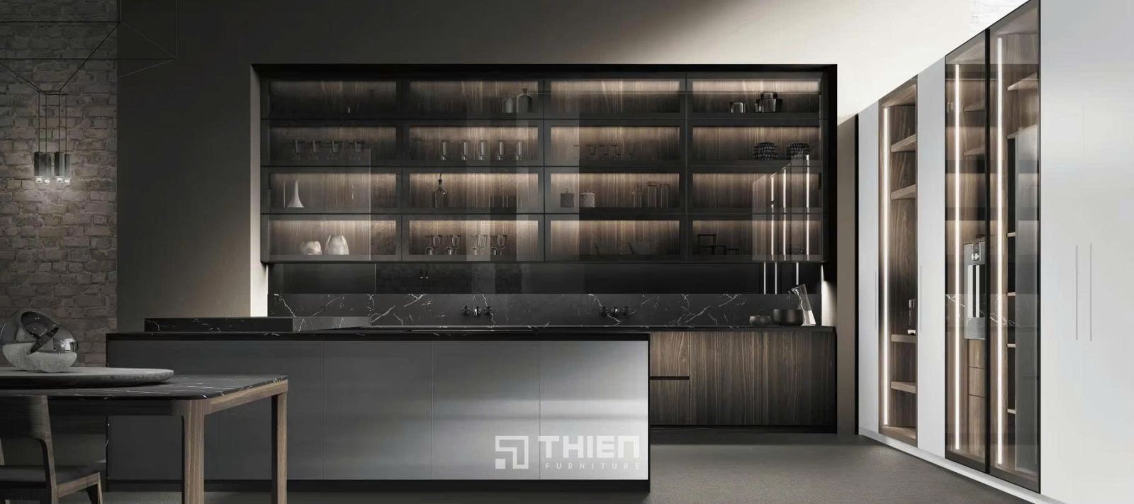 Tủ bếp inox cánh kính có đảo bếp
