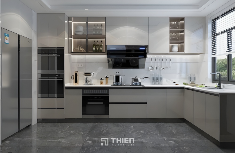 Tủ bếp inox cánh kính chữ L, chữ U