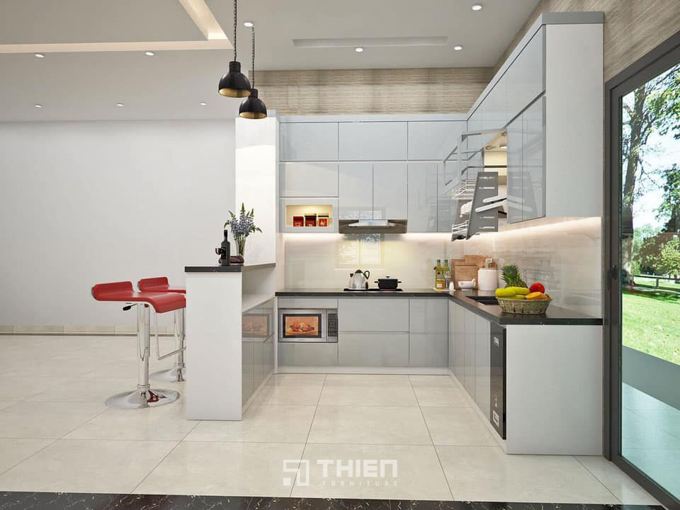 Tủ bếp inox cánh kính có quầy bar