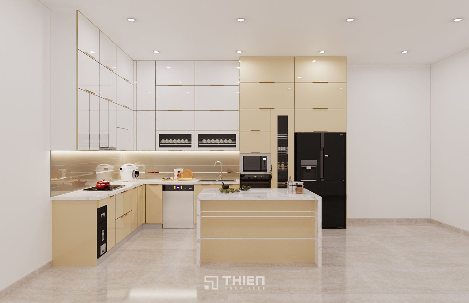 Tủ bếp inox cánh kính có đảo bếp