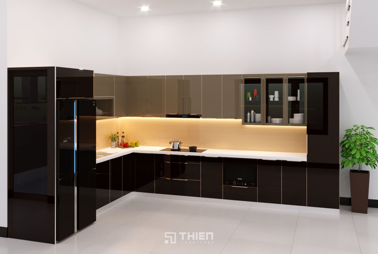 Tủ bếp inox cánh kính kết hợp vật liệu mới