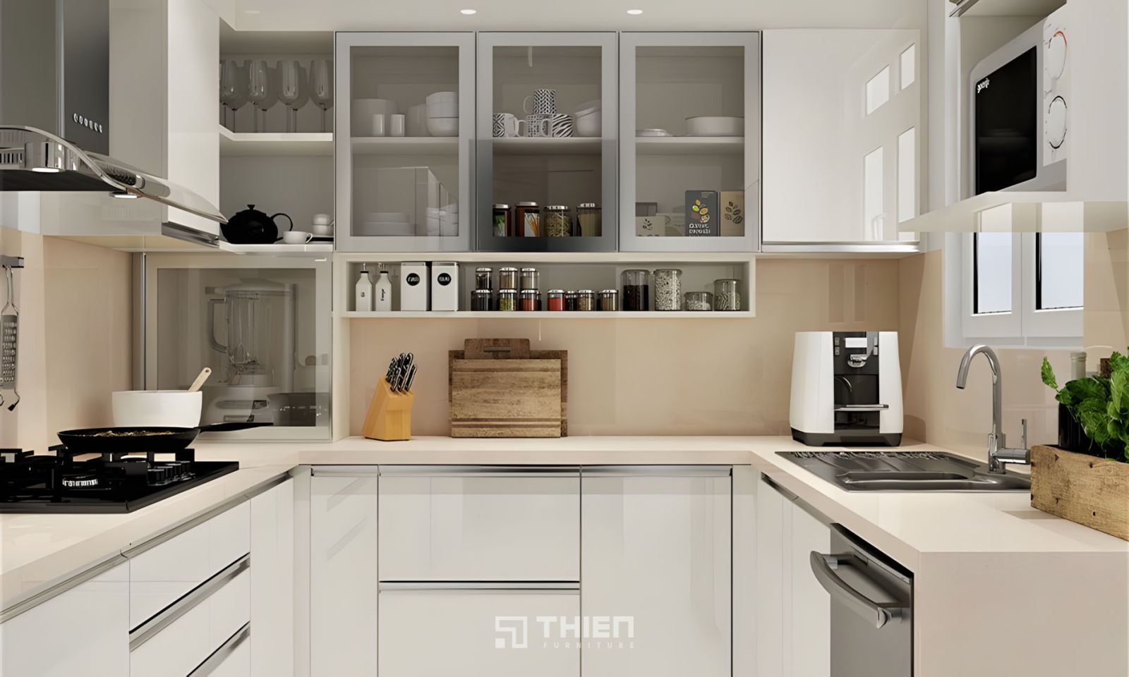 Tủ bếp inox cánh kính chữ U