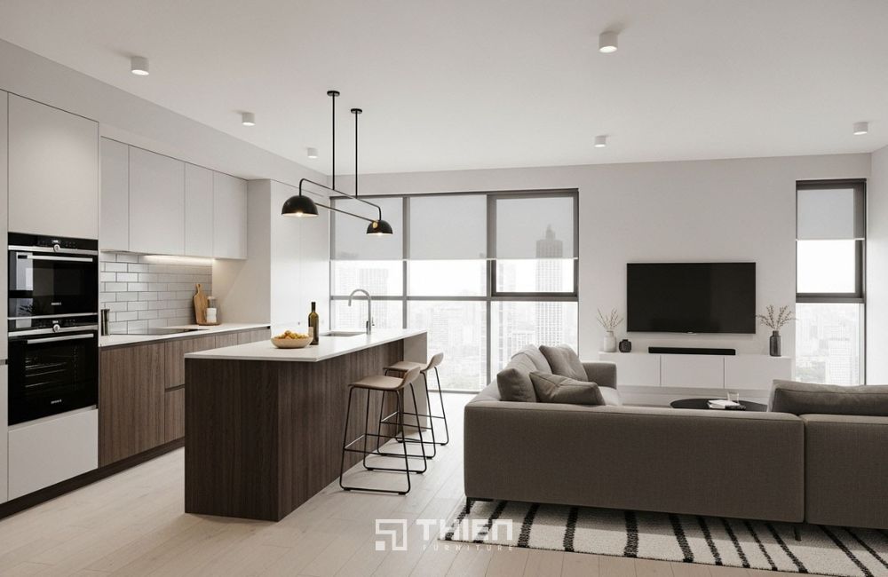 bố trí phòng khách liền bếp hiện đại