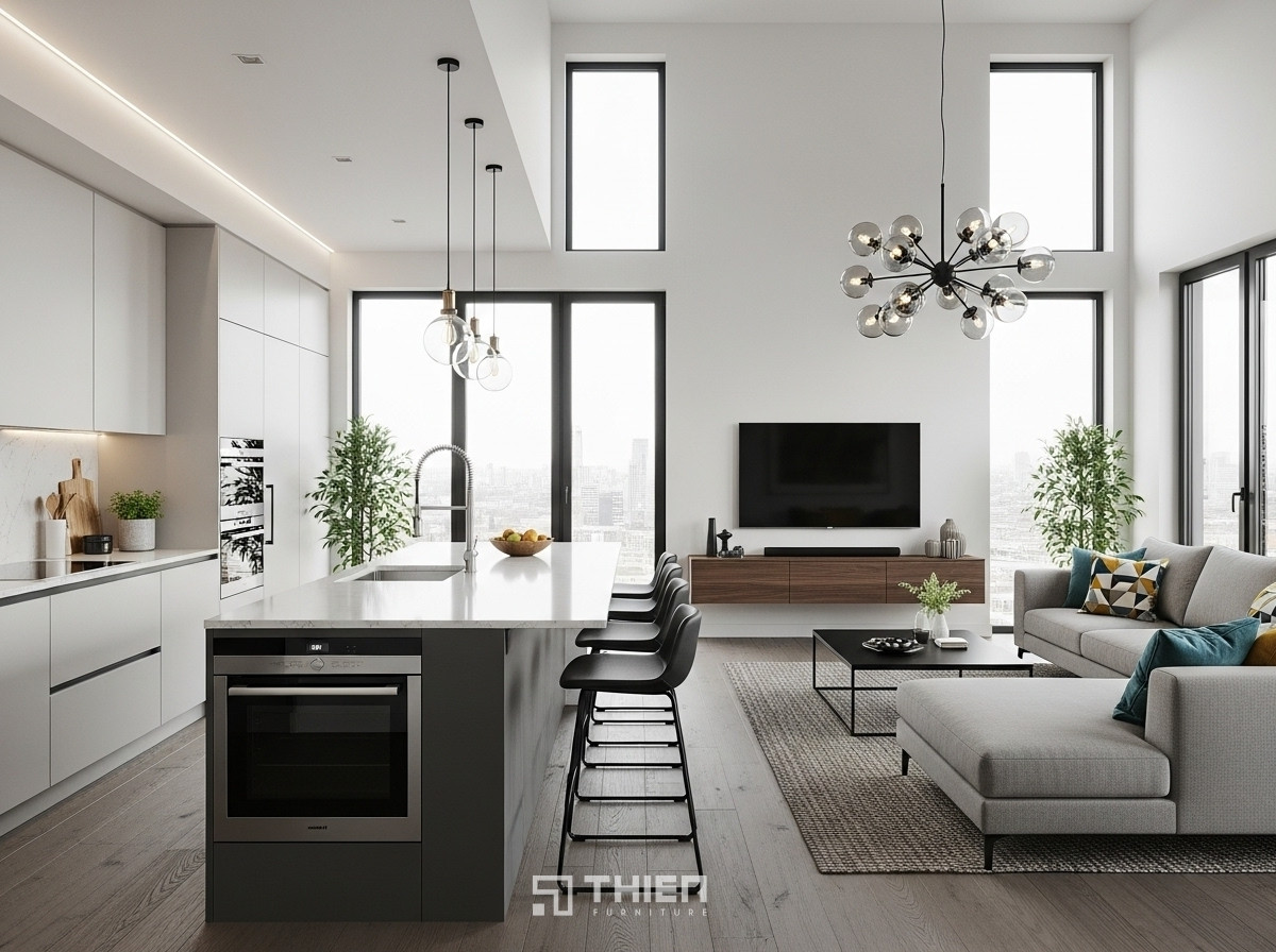 Thiết Kế Phù Hợp Cho Phòng Khách Liền Bếp 50m2