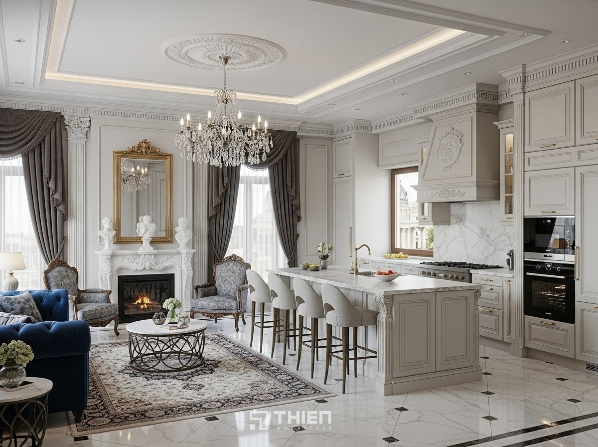 phòng khách và bếp 50m2 tân cổ điển