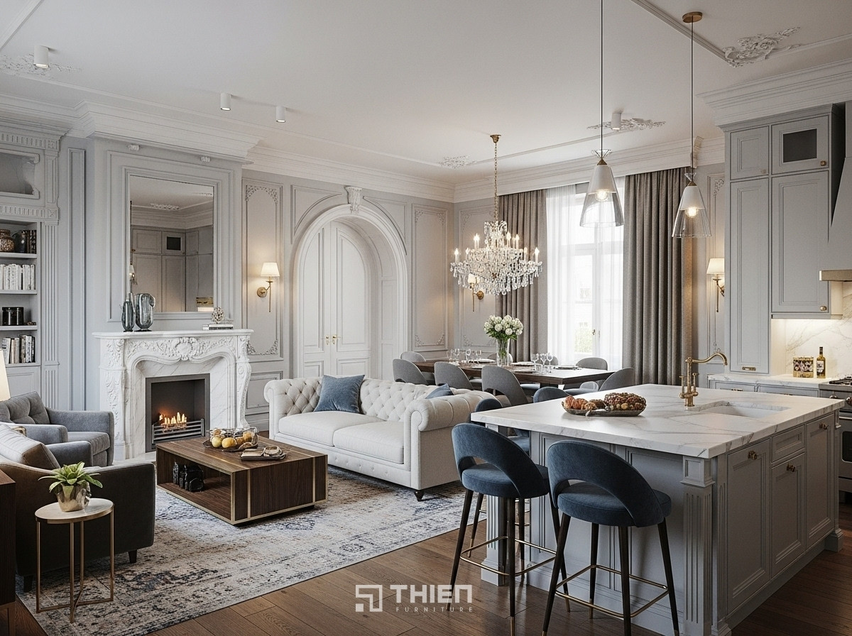 bố trí phòng khách và bếp 50m2