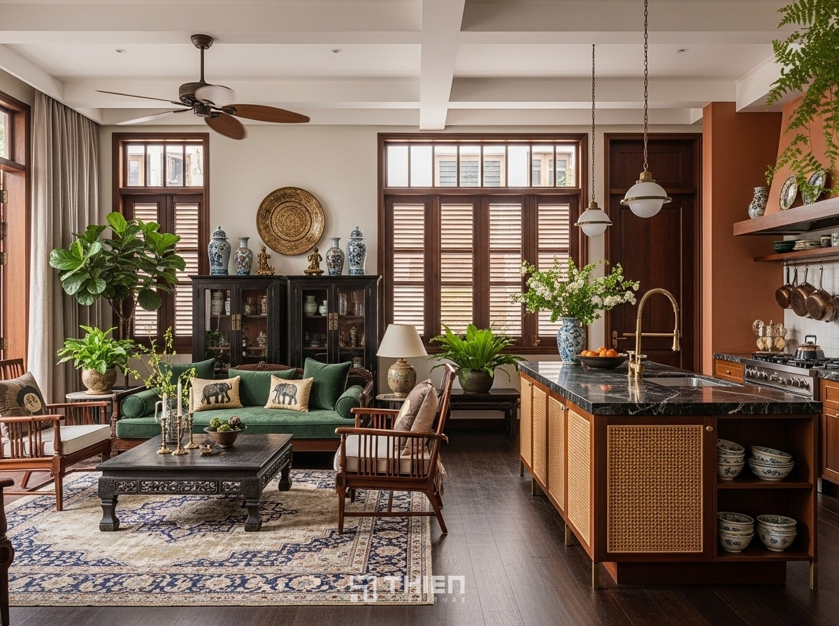 mẫu phòng khách liền bếp 50m2 Indochine