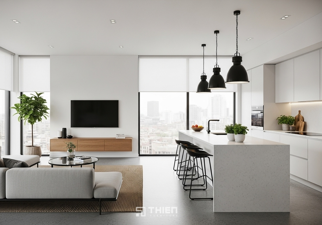 Mẹo Tối Ưu Hóa Không Gian Phòng Khách Liền Bếp 50m2