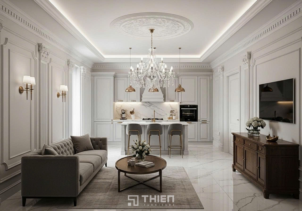 cách thiết kế phòng khách liền bếp đẹp 50m2