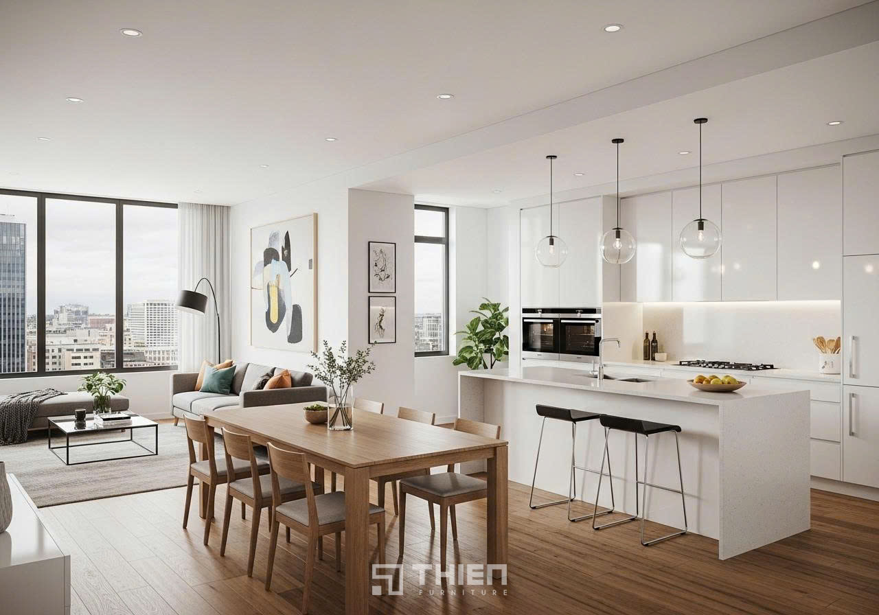 phòng khách liền bếp phong cách hiện đại 50m2