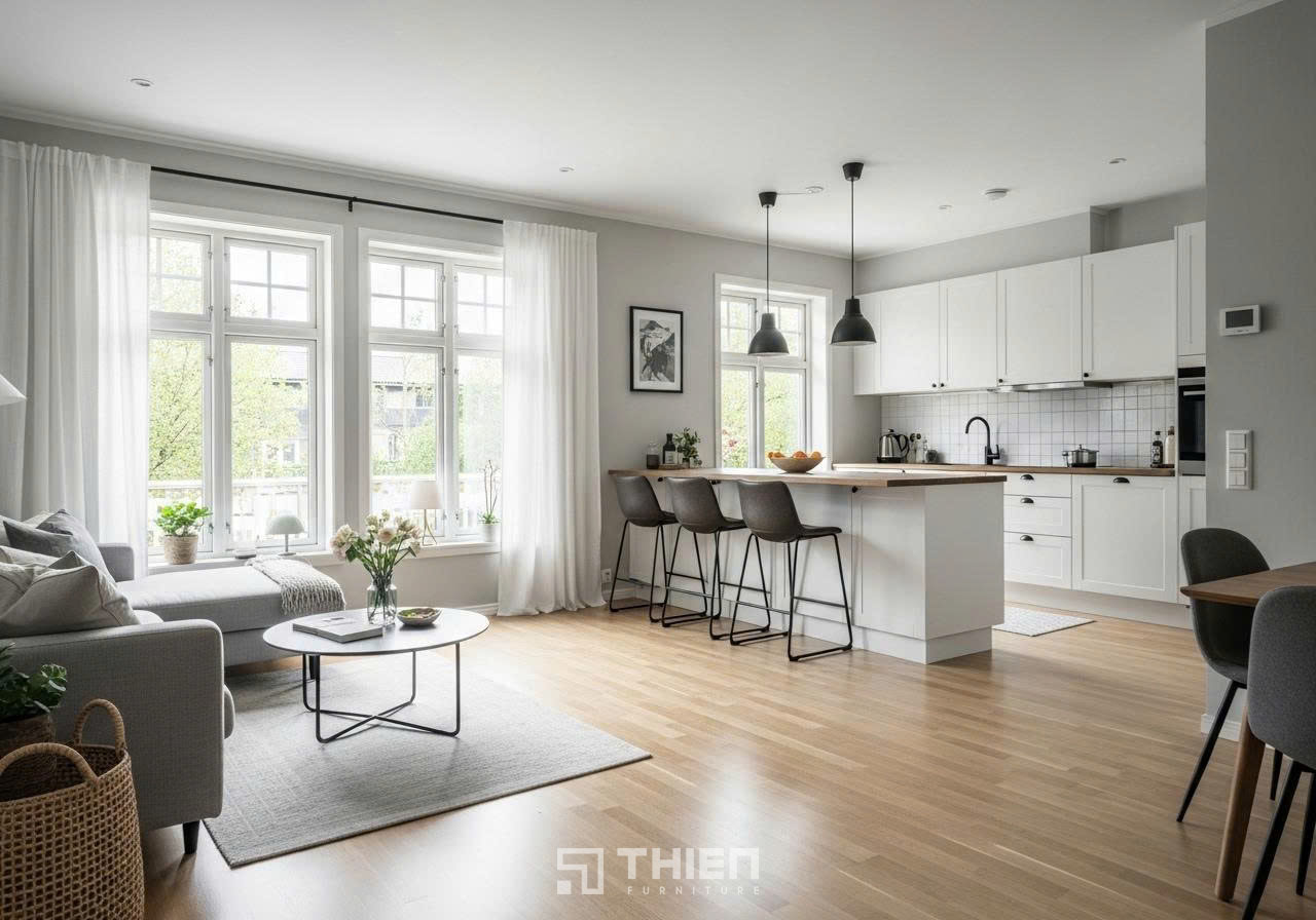 bố trí phòng khách và bếp 50m2