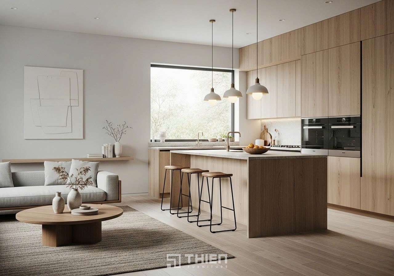 mẫu phòng khách liền bếp 50m2 cho gia đình trẻ