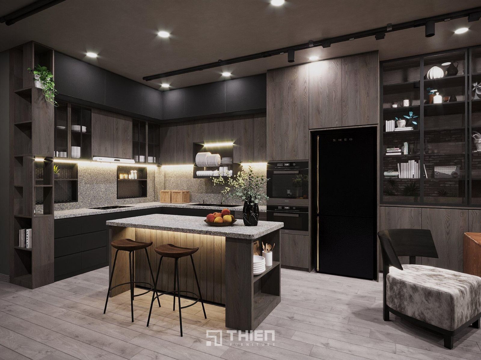 tủ bếp chữ L phong cách công nghiệp