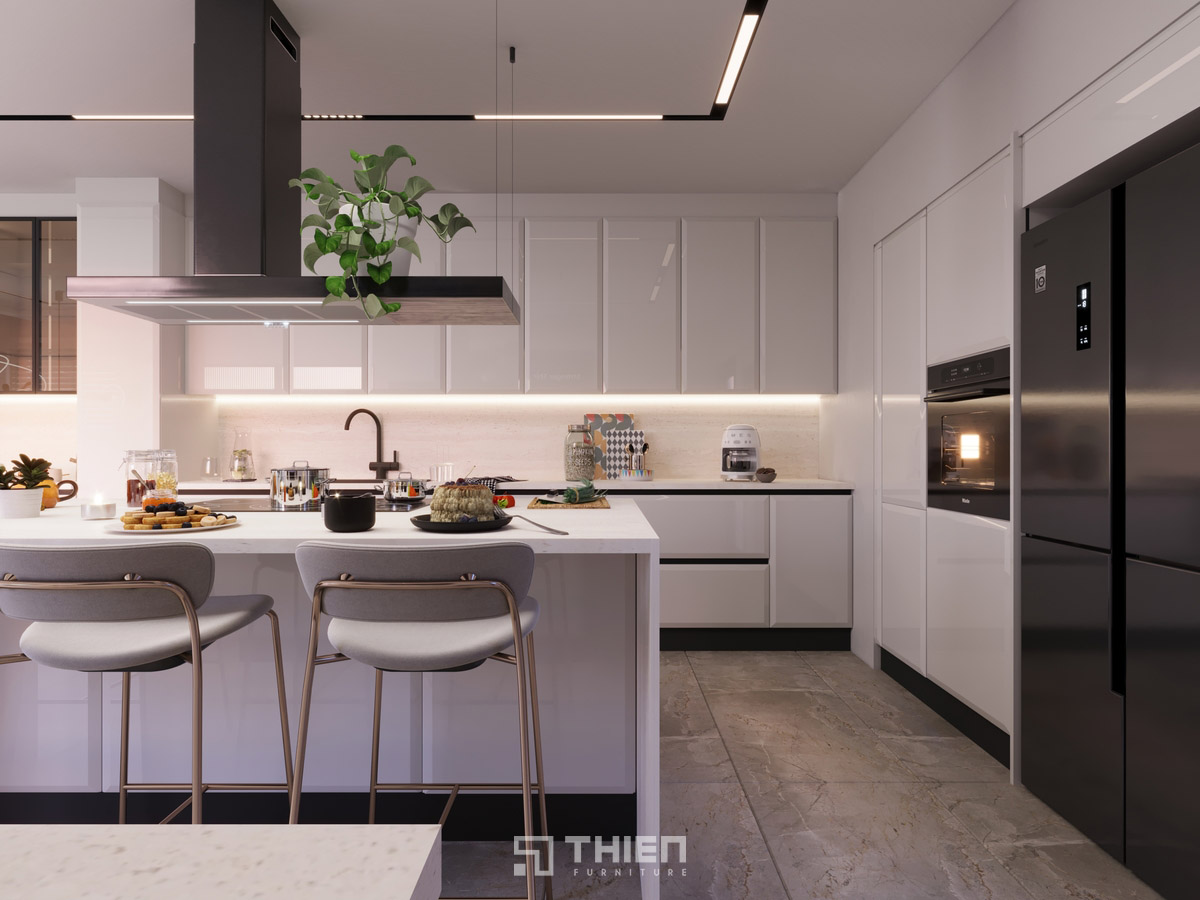 Tủ bếp không tay nắm tối giản