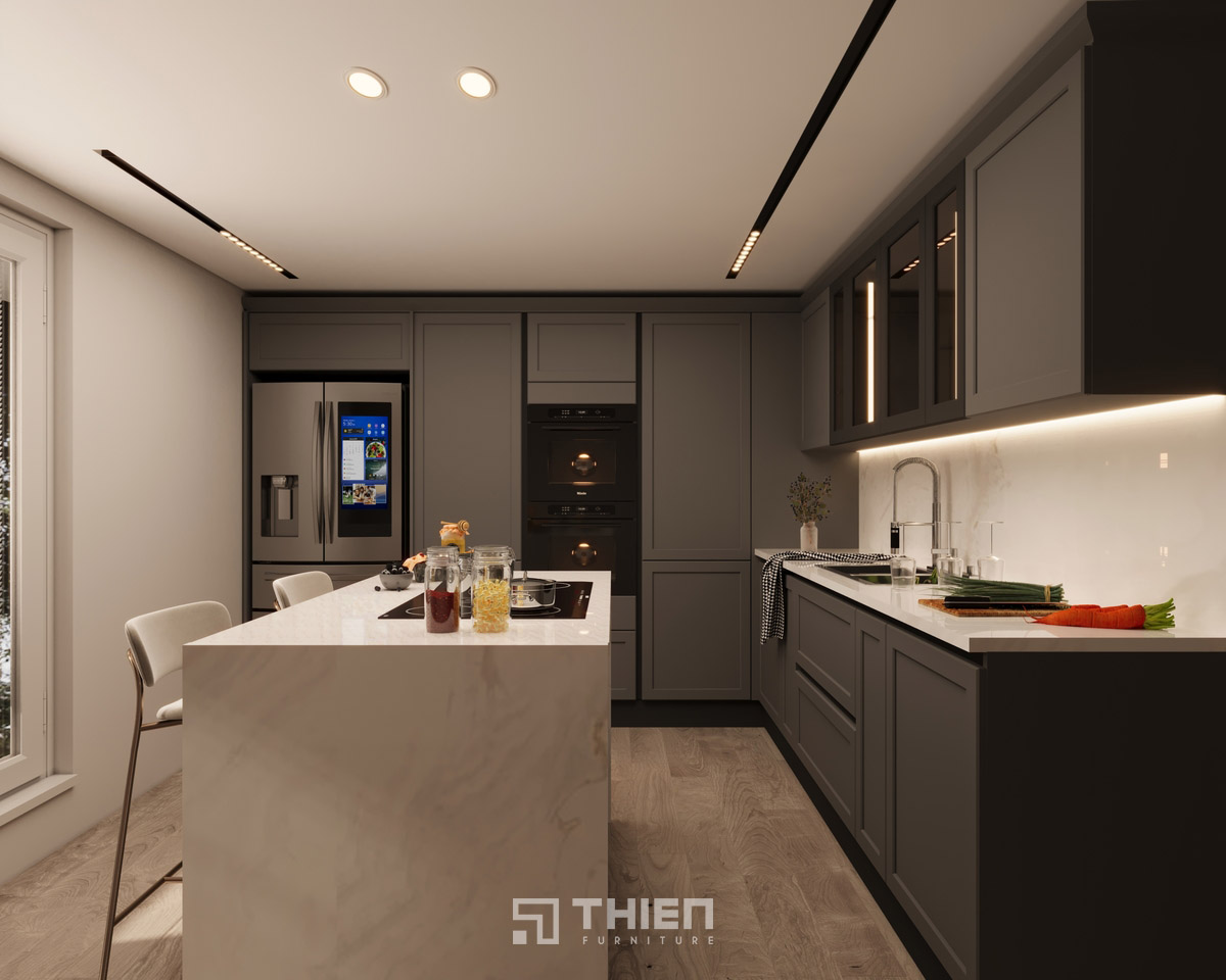 Tủ bếp phong cách tối giản không tay nắm