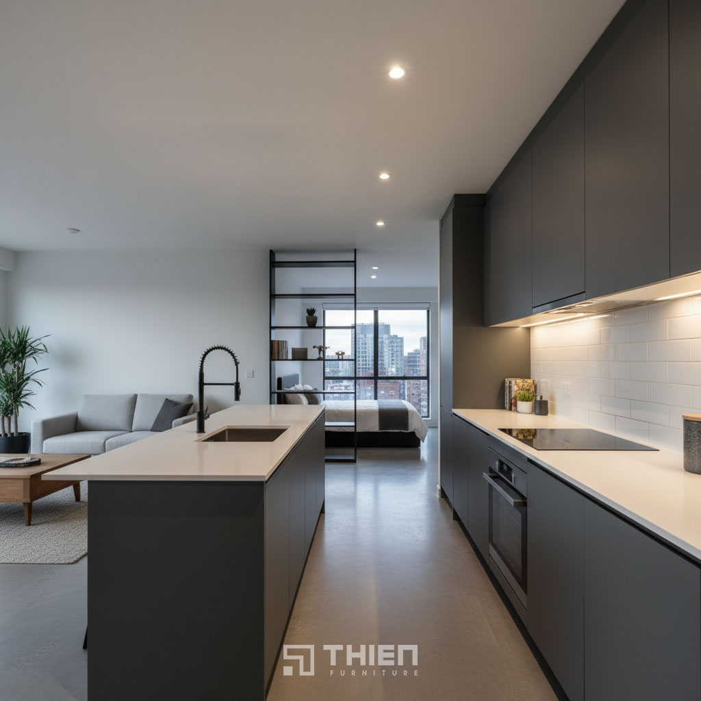Bếp tối giản cho căn hộ studio
