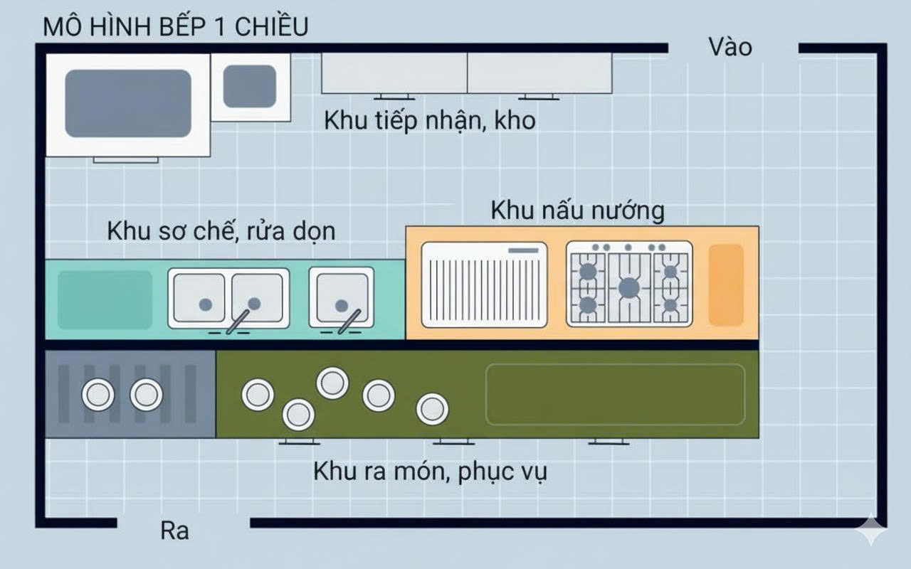 Thiết kế bếp nhà hàng kiểu một chiều