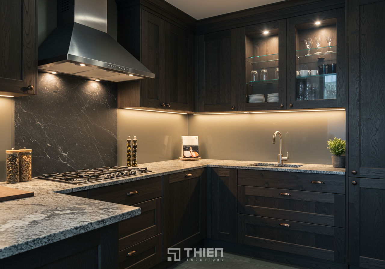 Tủ bếp gỗ sồi Nga hiện đại kết hợp kính, đá, đèn LED