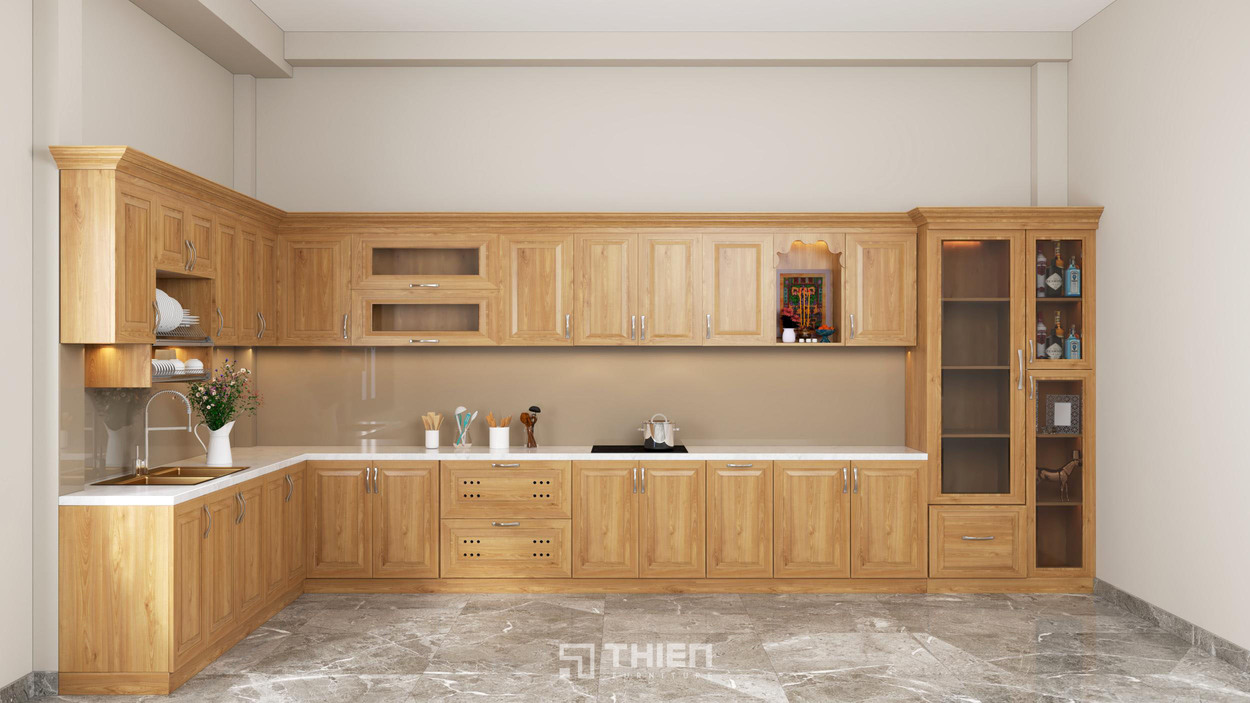 Tủ bếp gỗ sồi Nga chữ L cho nhà phố