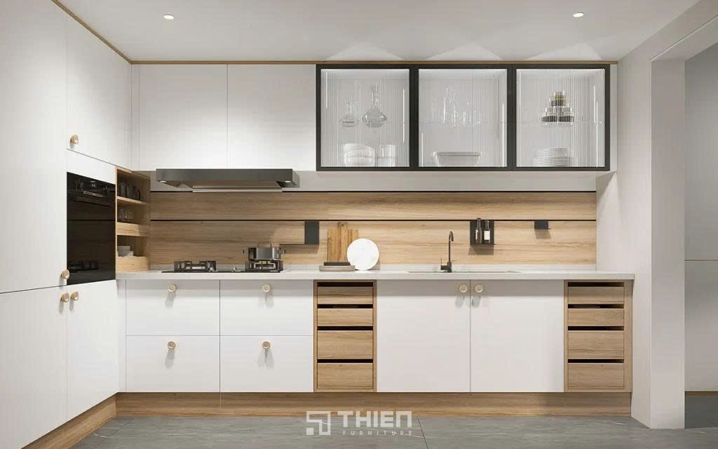 Tủ bếp gỗ sồi Nga sơn trắng phong cách Bắc Âu thanh lịch