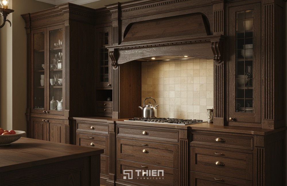 tủ bếp chữ I dài 3m phong cách tân cổ điển