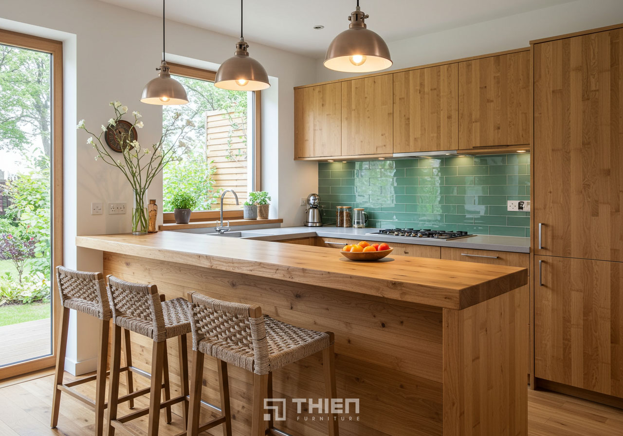 Quầy bar bếp hiện đại với chất liệu thân thiện môi trường