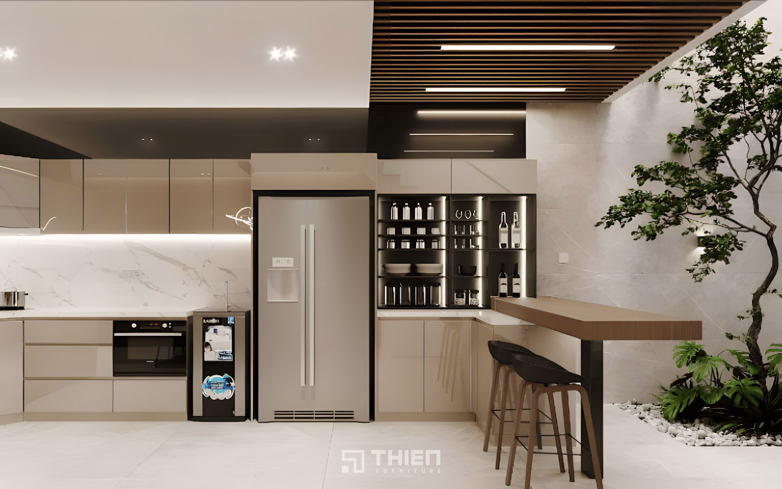 Quầy bar bếp hiện đại với chất liệu thân thiện môi trường