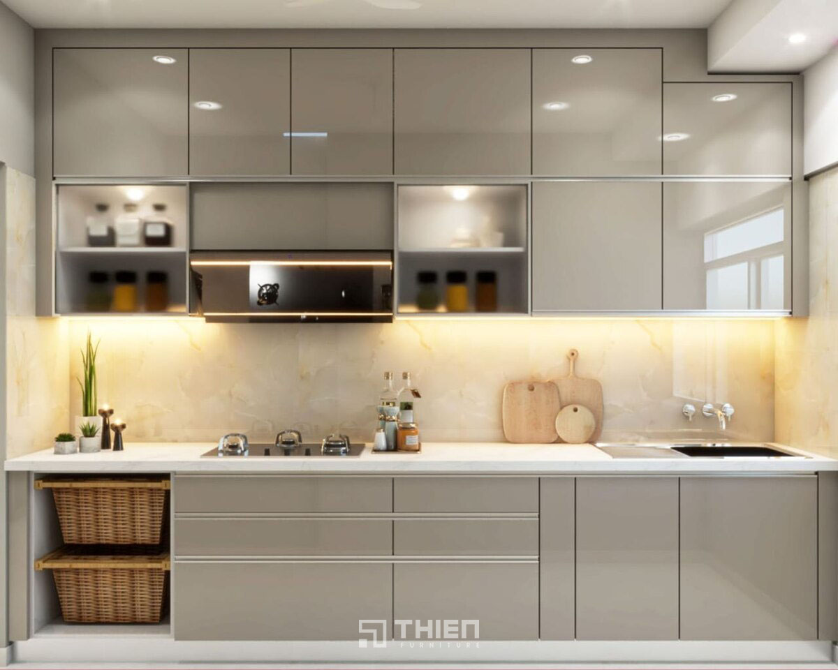 Tủ bếp acrylic xám kết hợp vân gỗ