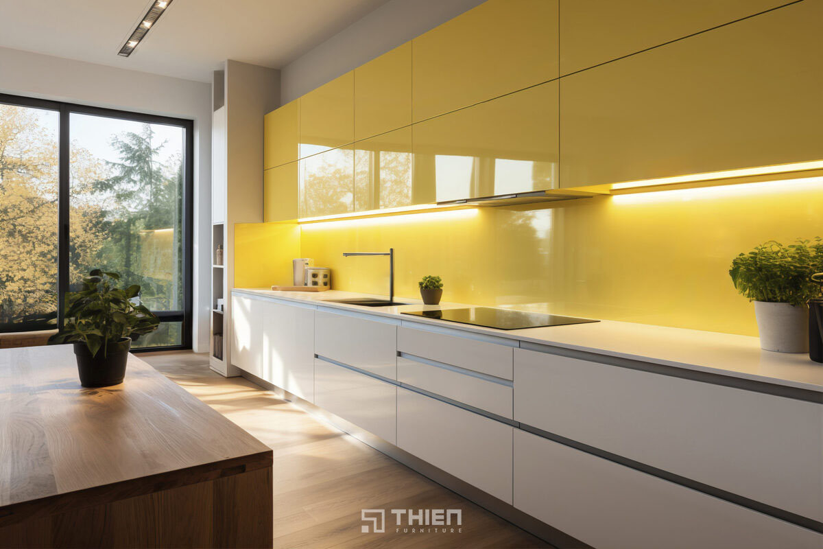 Tủ bếp acrylic trắng vàng hiện đại