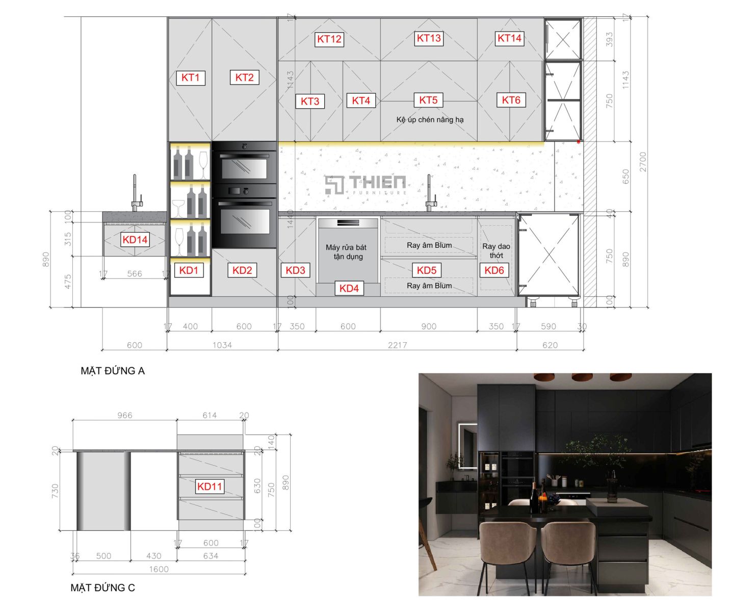 bản vẽ autocad tủ bếp chữ L