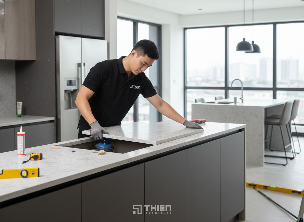 Thi công mặt đá granite bếp
