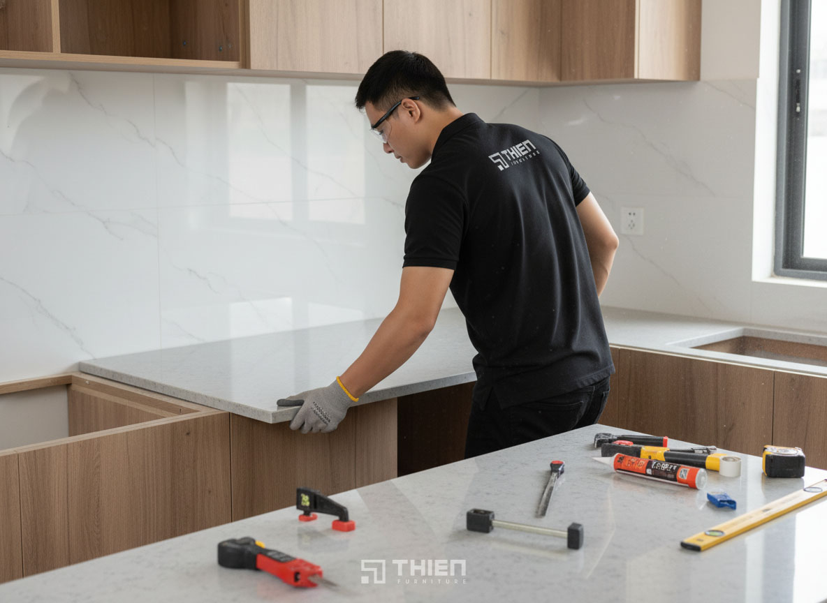 Thi công mặt đá bếp