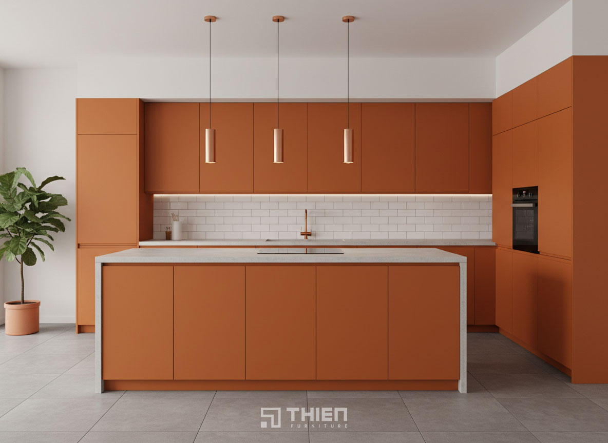 Tủ bếp màu cam phong cách trẻ trung
