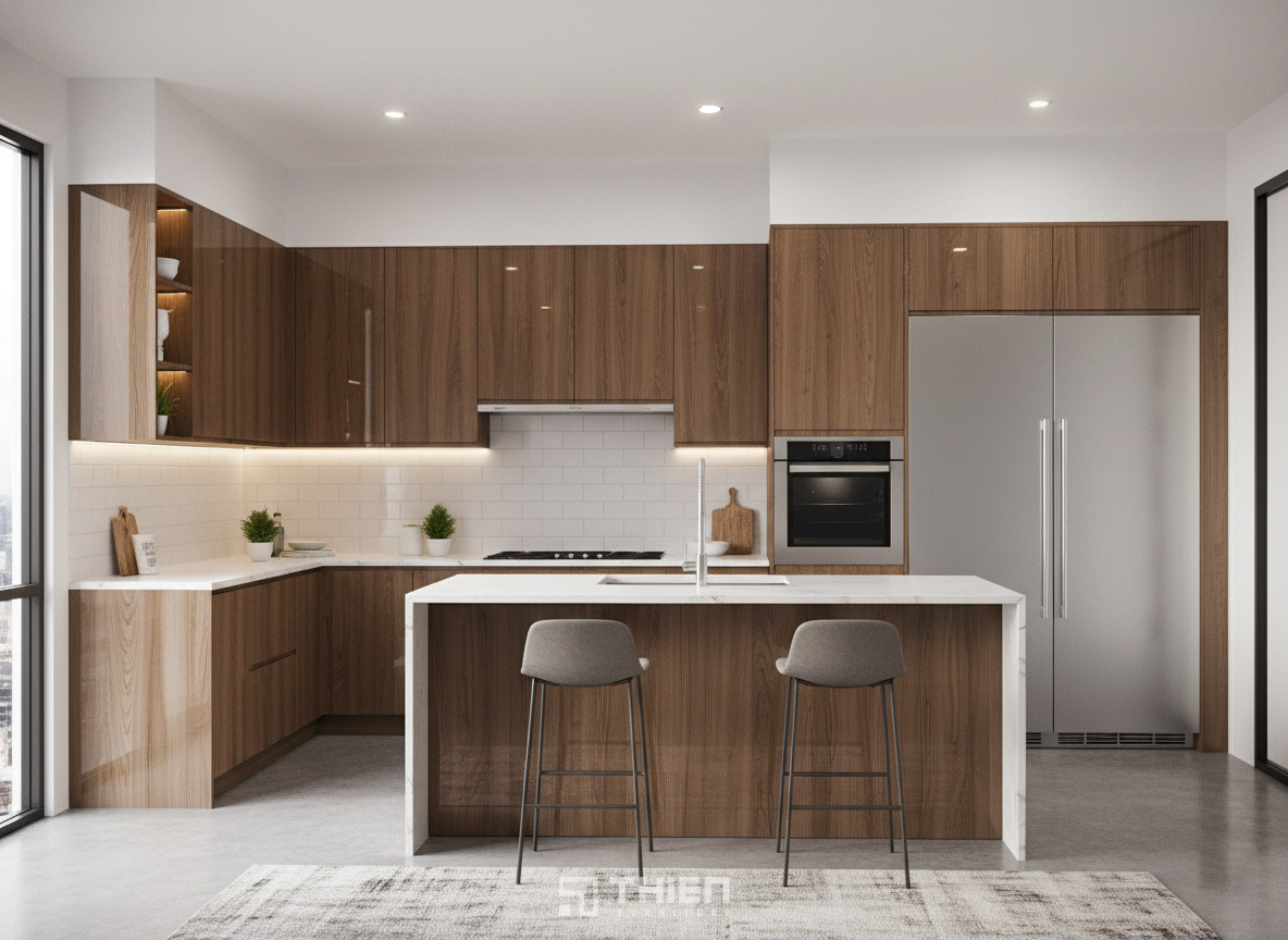 Tủ bếp vân gỗ MDF chống ẩm