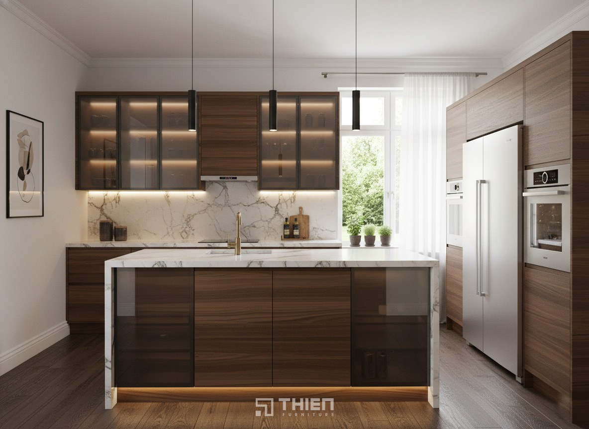Tủ bếp vân gỗ cánh kính