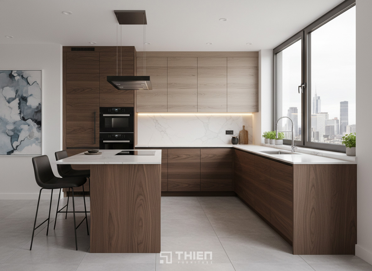 Tủ bếp vân gỗ tối giản