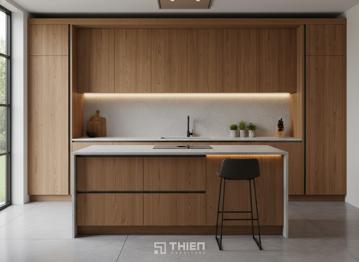 Tủ bếp vân gỗ hiện đại