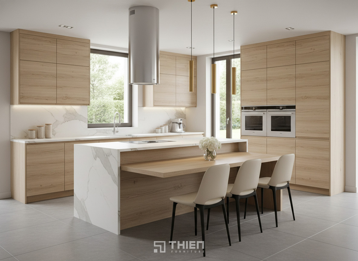 Tủ bếp vân gỗ sáng
