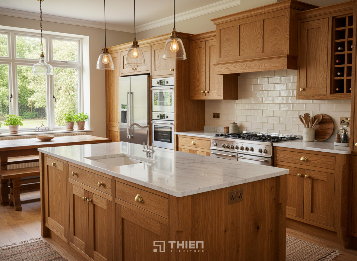 Tủ bếp vân gỗ tân cổ điển