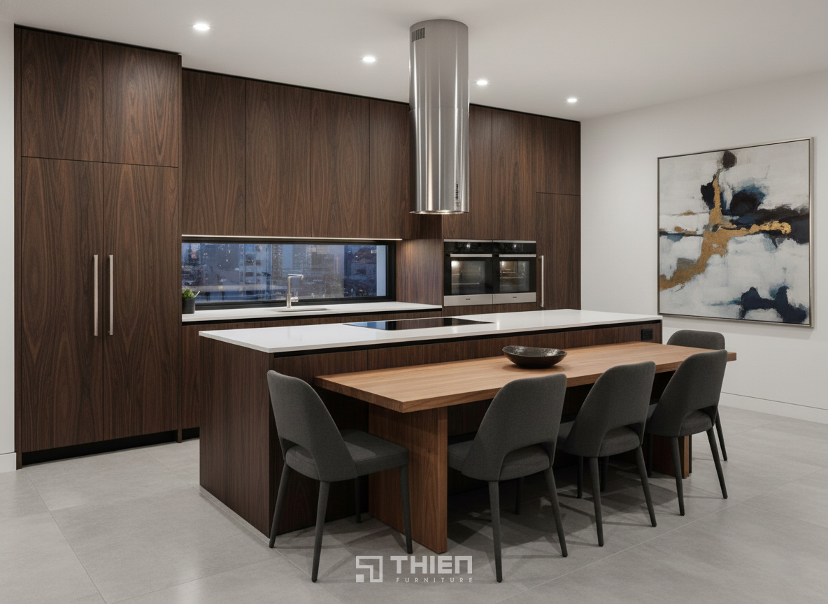 Tủ bếp vân gỗ có đảo bếp liền bàn ăn