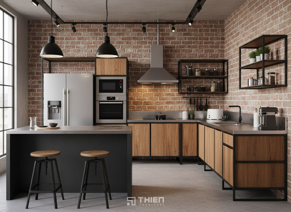 Tủ bếp khung sắt phong cách industrial