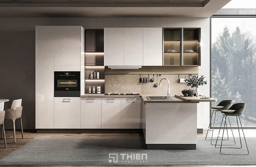 Tủ bếp màu be kết hợp đảo bếp