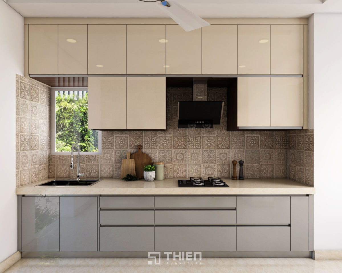 Tủ bếp chữ I màu be cho không gian nhỏ