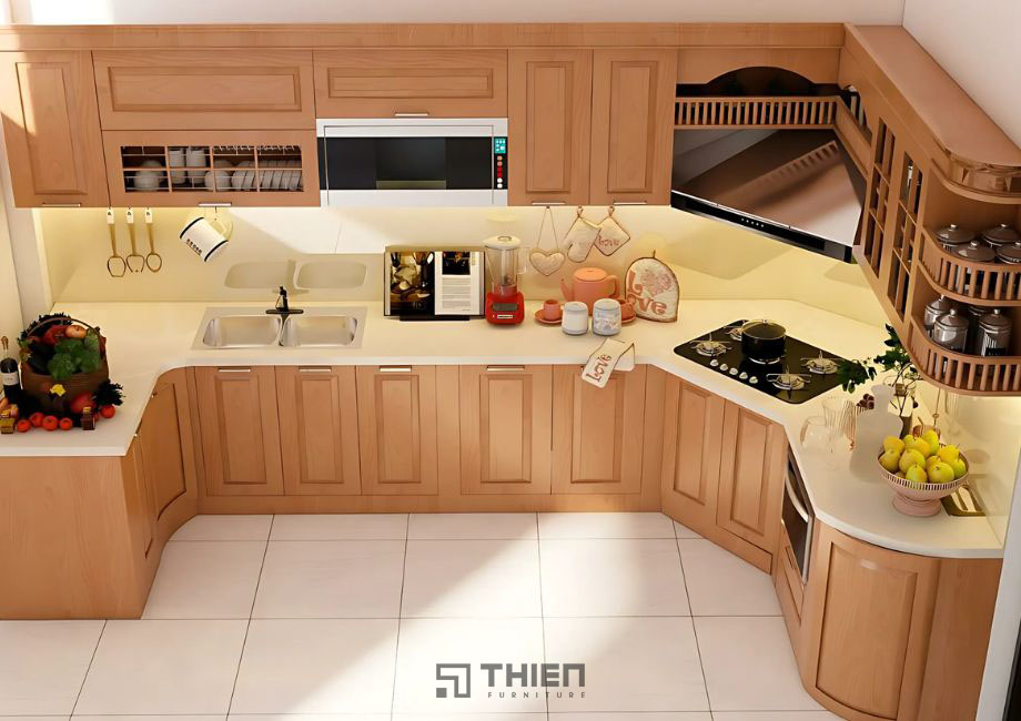 Mẫu tủ bếp gỗ sồi hiện đại mặt đá sang trọng