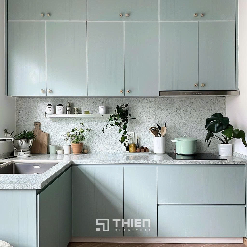 Tủ bếp chữ L xanh pastel tối ưu công năng