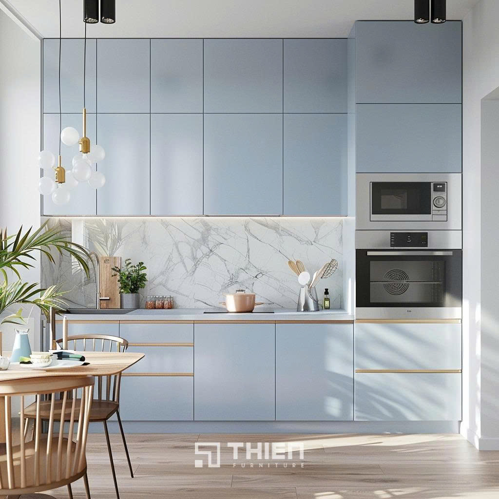 Tủ bếp chữ I màu xanh pastel đơn giản mà tinh tế