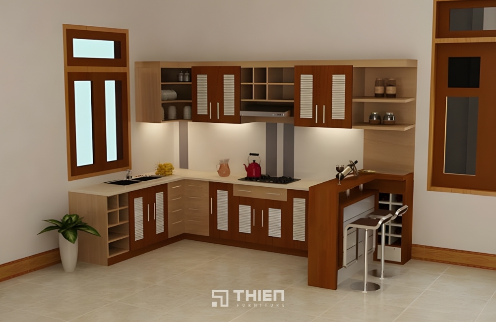 nhà bếp đơn giản ở nông thôn với quầy bar
