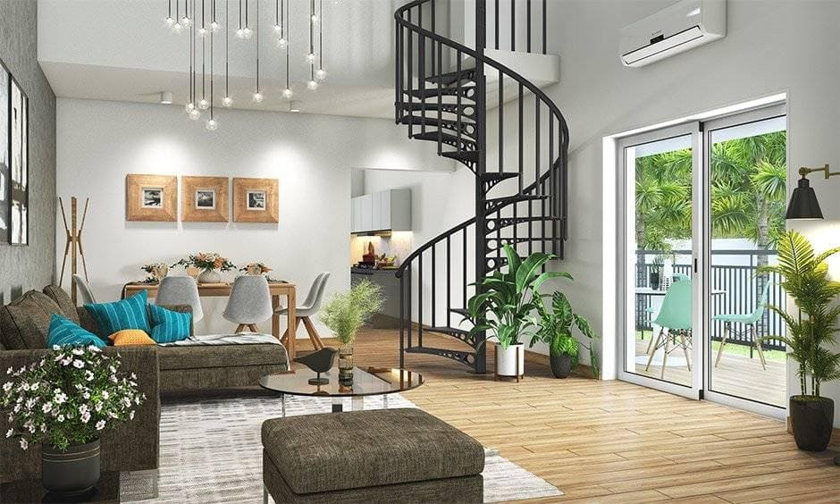 Cầu thang sắt nghệ thuật giữa phòng khách và bếp